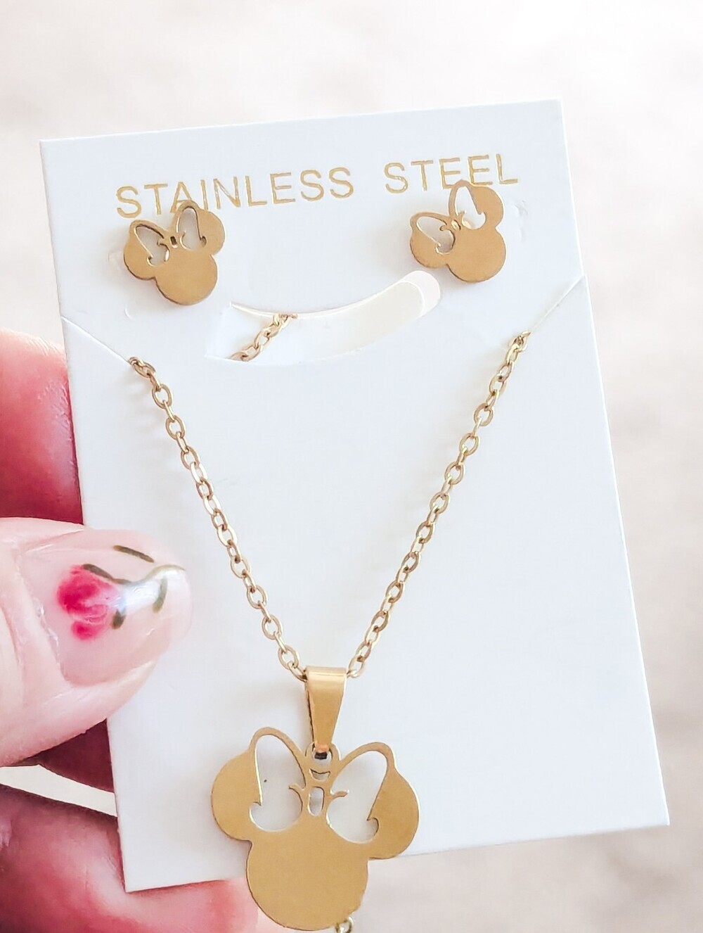Mouse Ears Necklace Earrings Set Gold Tone Stainless Steel Disney Inspired